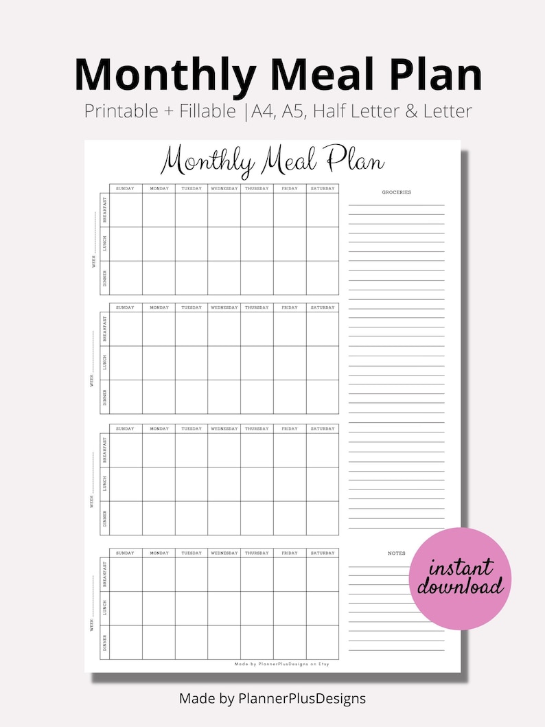 May include: A printable monthly meal planner with four weeks of meal planning grids, a grocery list section, and a notes section. The planner is designed in black and white with a pink "instant download" button.
