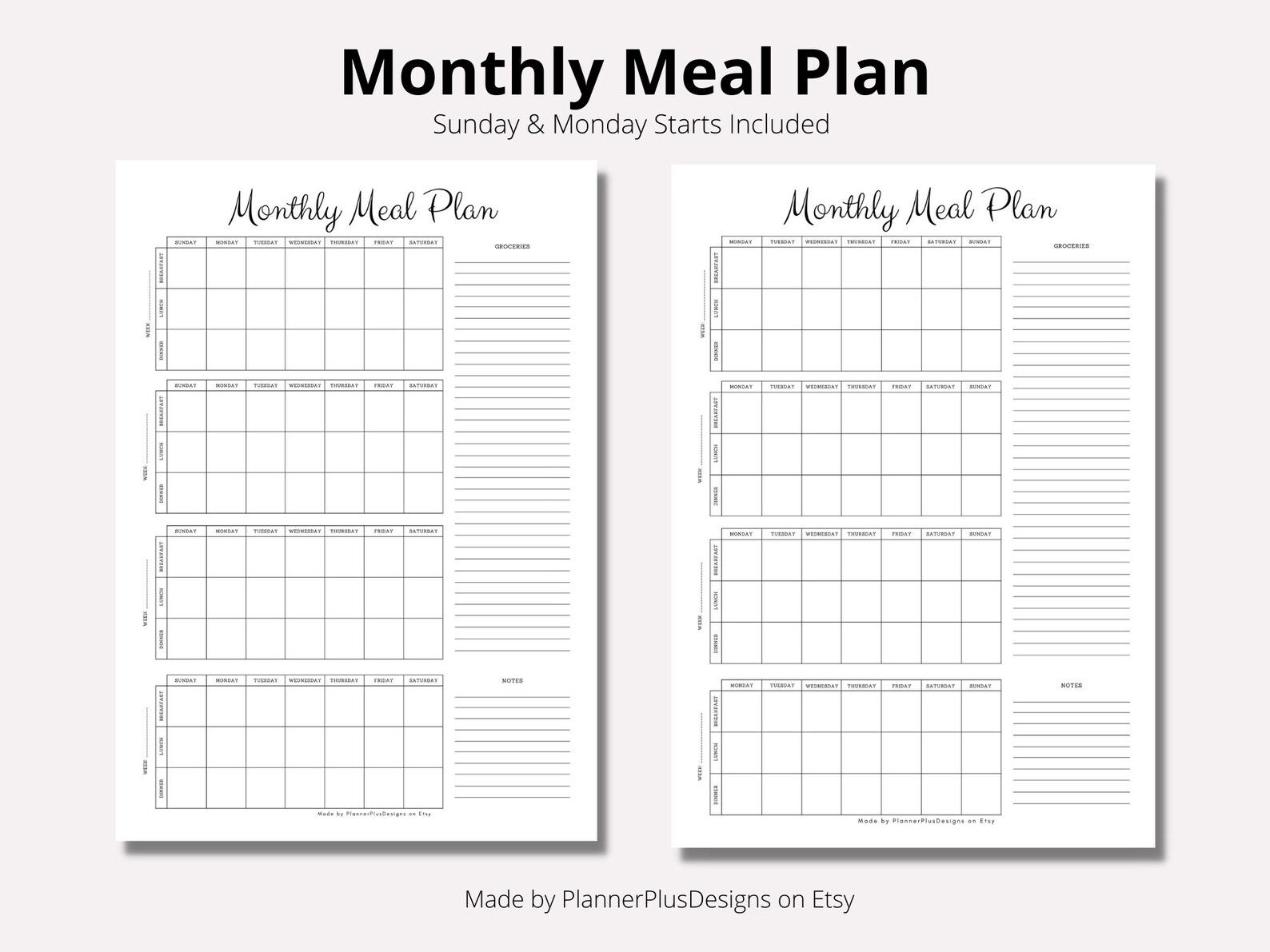 Monthly Meal Plan, Printable Monthly Meal Planner, Groceries to Buy