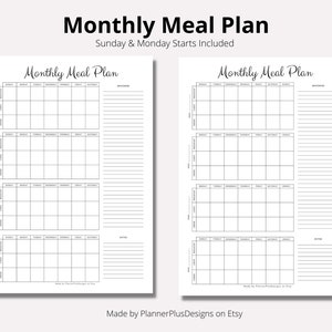 May include: A printable monthly meal planner with four sections for each month, including a notes section. The planner includes Sunday and Monday. The text "Monthly Meal Plan" is at the top of the page.