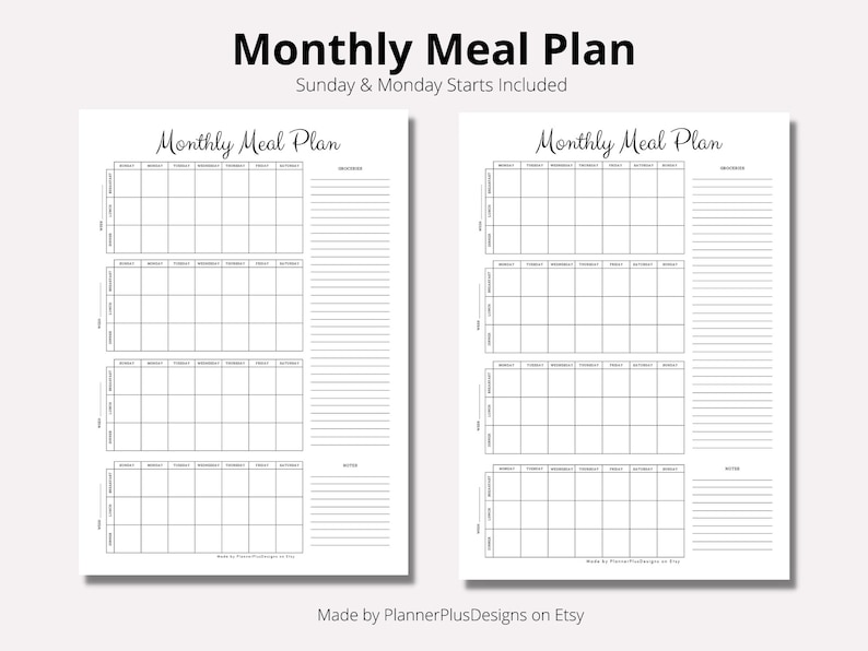 May include: A printable monthly meal planner with four sections for each month, including a notes section. The planner includes Sunday and Monday. The text "Monthly Meal Plan" is at the top of the page.