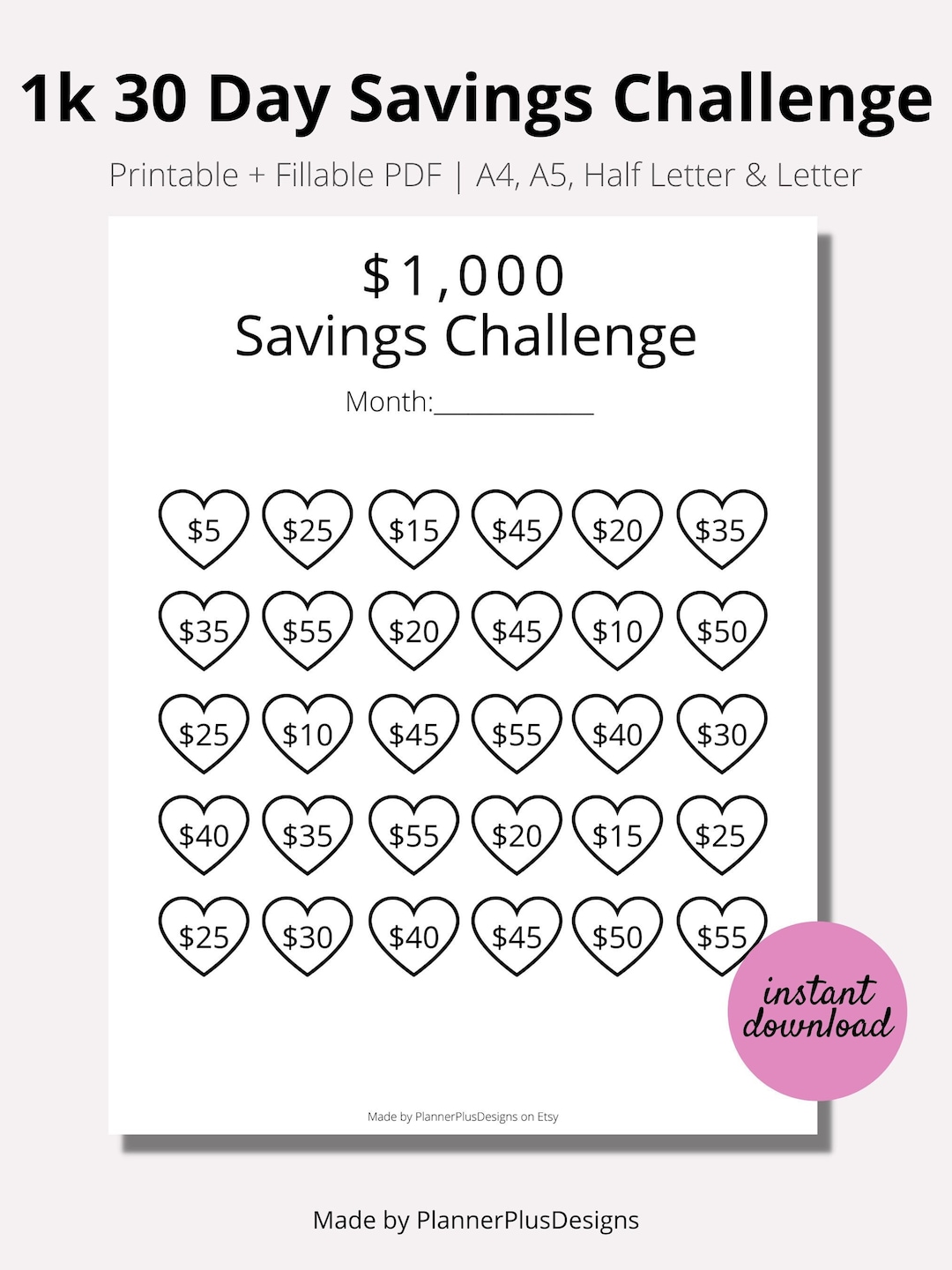 Save 1k Savings Challenge, 1,000 Dollars Savings Challenge Printable ...