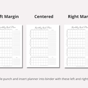 May include: Three printable monthly meal planner pages with different margins: left, centered, and right. Each page has a title "Monthly Meal Plan" and is divided into a grid of squares for meal planning.