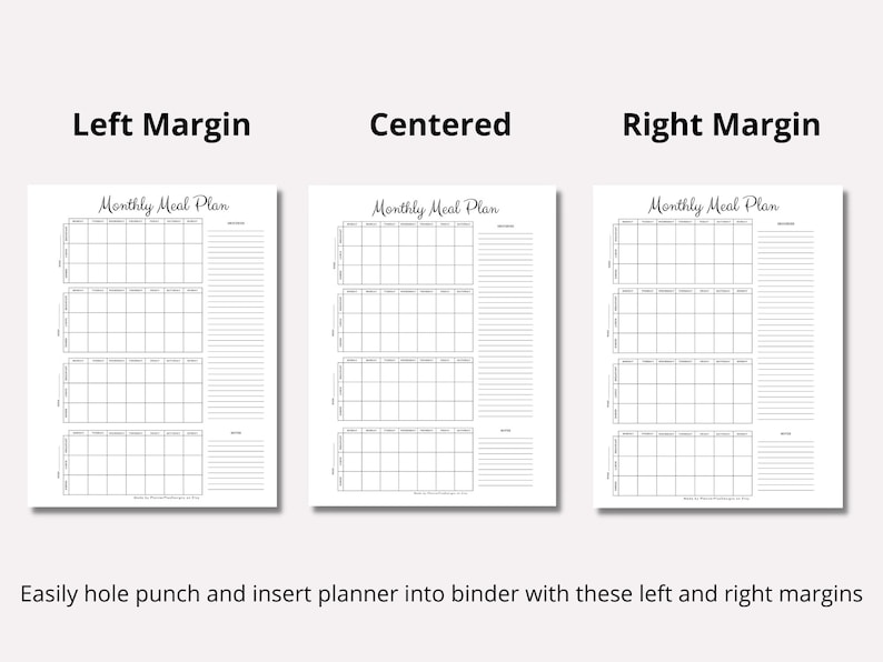 May include: Three printable monthly meal planner pages with different margins: left, centered, and right. Each page has a title "Monthly Meal Plan" and is divided into a grid of squares for meal planning.
