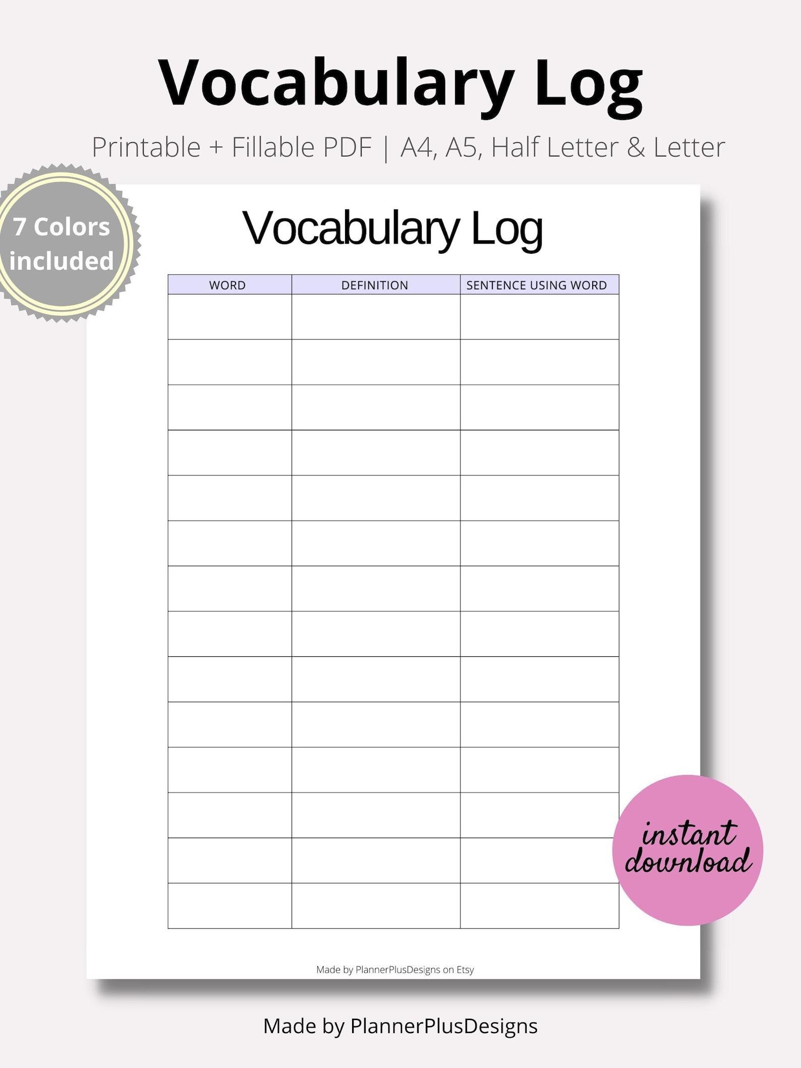 Vocabulary List Printable Planner Inserts, Vocabulary List, Word Book Vocabulary List Printable Planner Inserts, Vocabulary List, Word Book