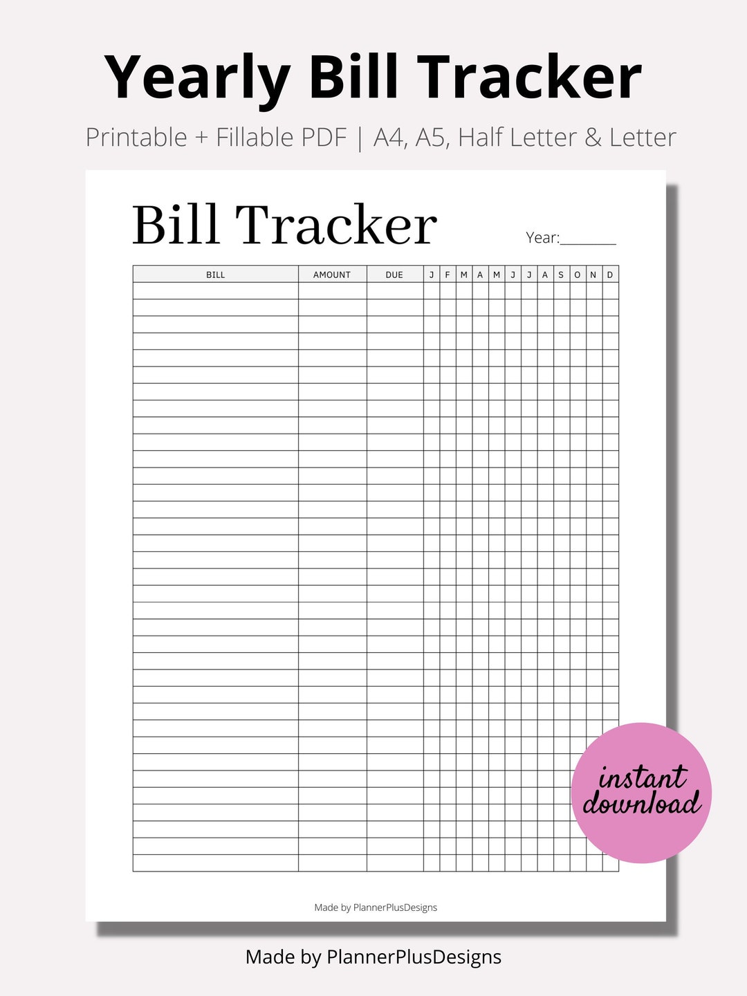 Yearly Bill Payment Tracker Printable, Bill Log Planner, Bill Payment
