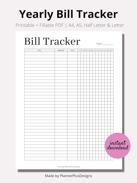 Yearly Bill Payment Tracker Printable Bill Log Planner Bill | Etsy