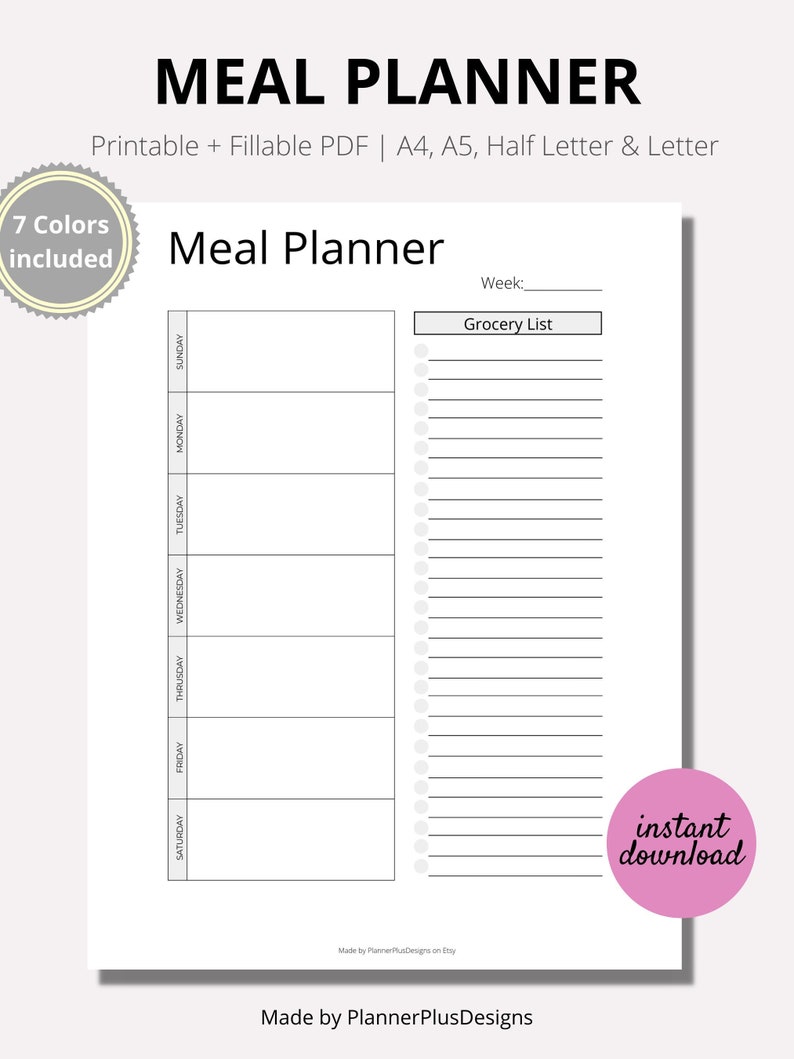 Meal Planner Printable Weekly Meal Planner Groceries - Etsy