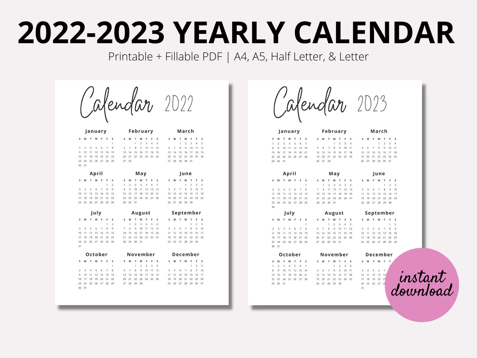 20222023 Year Calendar Printable, Yearly Wall Calendar, Year at a