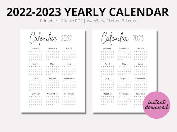 2022-2023 Year Calendar Printable, Yearly Wall Calendar, Year at a Glance,  Yearly Agenda, Minimalist, Instant Download PDF, A4, A5, LETTER - Etsy