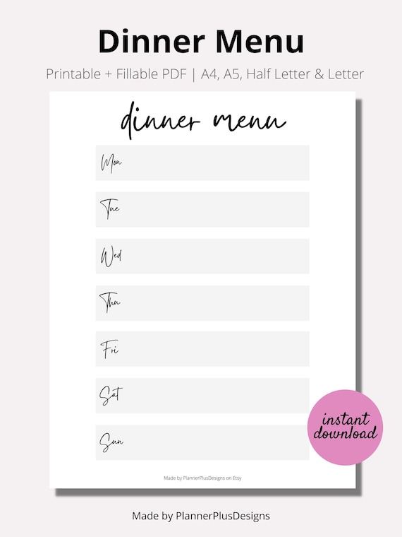 Dinner Menu Printable Simple Menu Planner Meal Planner | Etsy