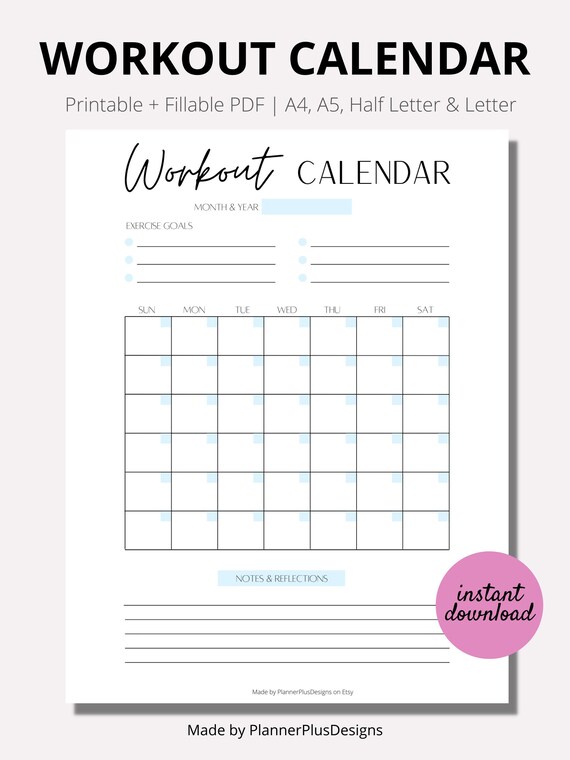 Workout Calendar Printable PDF A4 A5 Half LETTER - Etsy