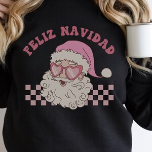 Feliz Navidad retro groovy santa sweatshirt pink Spanish Merry Christmas crewneck feliz Navidad crewneck gift for mom holiday sweatshirt