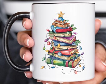 Book Merry Christmas Tree Mug, Funny Librarian Xmas Coffee Mugs, Reader, Reading Books, Cute Book Lover Tumbler, English Major Literature