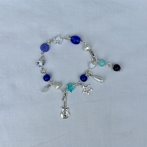 Handmade Beaded Charm Bracelet: Guitar, Stars, Glass & Plastic Beads