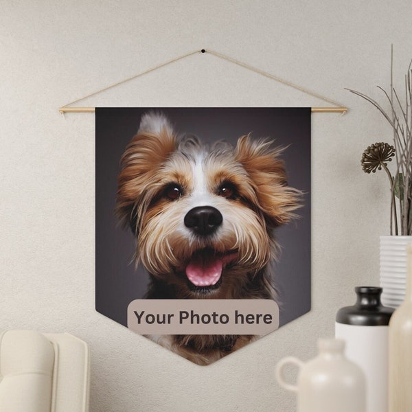 YOUR PHOTO HERE Custom Pennant, Pet Photo Canvas Banner, Family Wall Art Flag, Personalized Sign Gift, Wall Hanging