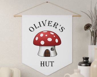Mushroom House Custom Pennant, Personalized Canvas Name Banner, Boys Pennant Flag, Fabric Wall Hanging, Baby Name Sign