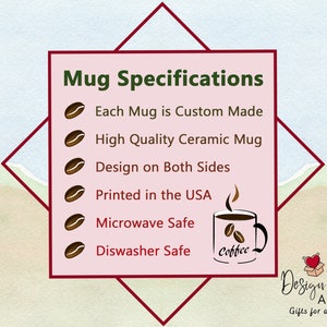May include: A pink and red graphic with the text "Mug Specifications" and a list of features: "Each Mug is Custom Made", "High Quality Ceramic Mug", "Design on Both Sides", "Printed in the USA", "Microwave Safe", "Dishwasher Safe". A coffee mug with the word "coffee" is shown next to the list.