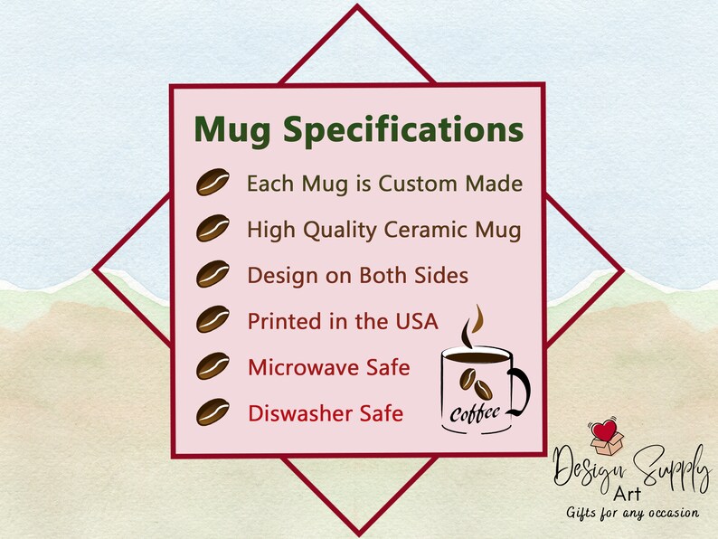 May include: A pink and red graphic with the text "Mug Specifications" and a list of features: "Each Mug is Custom Made", "High Quality Ceramic Mug", "Design on Both Sides", "Printed in the USA", "Microwave Safe", "Dishwasher Safe". A coffee mug with the word "coffee" is shown next to the list.