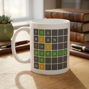 Peut inclure: Un mug en céramique blanche arborant un motif de grille rappelant un jeu de lettres. La grille contient le texte YOU MEAN THE WORDLE TO ME, avec des lettres mises en évidence dans des carrés verts et jaunes sur un fond gris foncé.