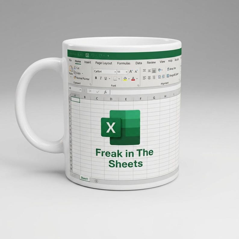 May include: A white ceramic mug featuring a printed graphic of a spreadsheet interface. The design includes the Microsoft Excel logo and the text "Freak in The Sheets" centered on the grid. The top of the mug displays a standard software ribbon.