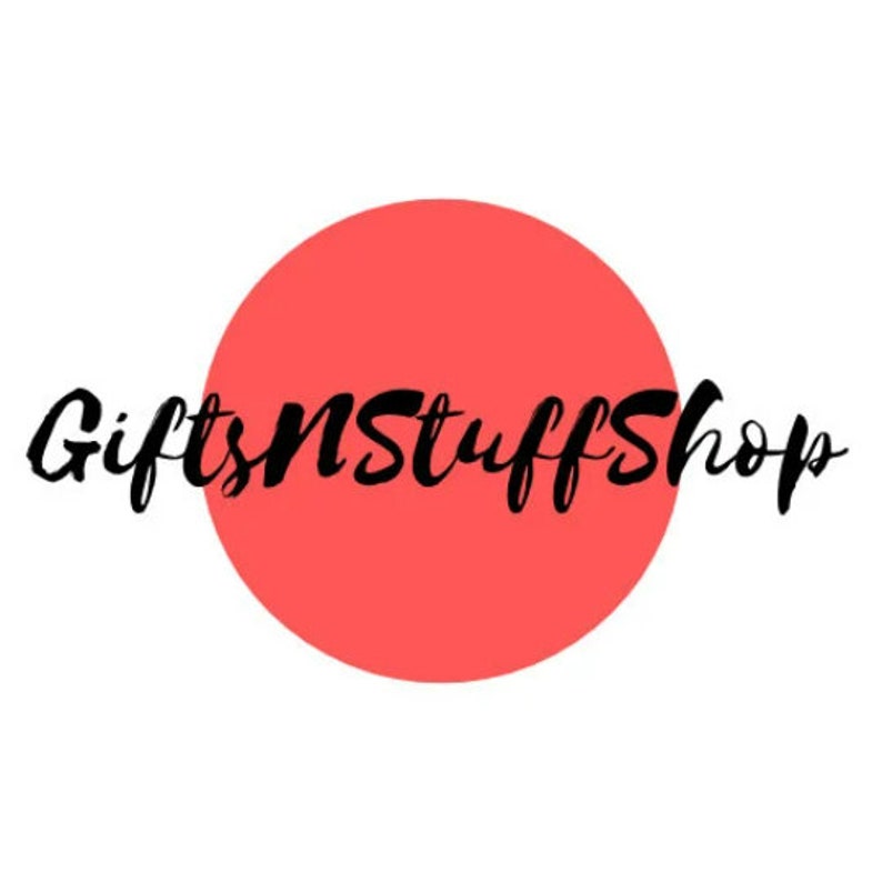 May include: A circular logo design featuring a solid coral-red circle centered on a white background. Overlaid across the center of the circle is the text GiftsNStuffShop written in a black, stylized, cursive script font that spans horizontally.