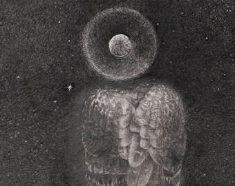 May include: A black and white pencil drawing of a bird with wings spread wide, standing on a cracked, dry earth surface. A circle with a moon inside is above the bird, and a single star is visible in the night sky.