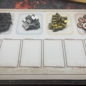 Geüpgradede bronnen en tokens voor het bordspel Furnace