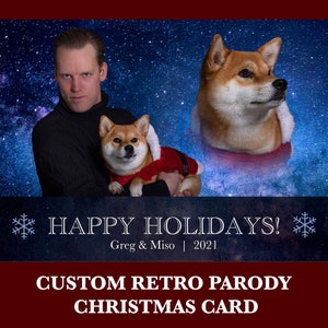 Tarjeta de perro de Navidad personalizada, impresión digital personalizada de arte navideño, 80's, 90's, parodia. Retrato retro de mascotas, divertido, espacio, fotos de glamour