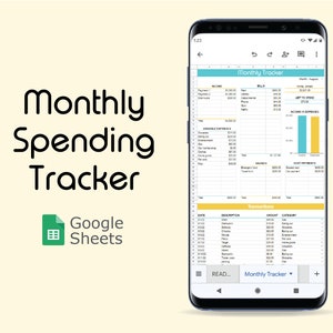 Puede incluir: Una captura de pantalla de una hoja de cálculo de Google Sheets en la pantalla de un teléfono móvil. La hoja de cálculo se titula "Seguimiento mensual" e incluye secciones para ingresos, facturas, gastos variables, ingresos frente a gastos, pagos de costos y transacciones. La hoja de cálculo está codificada por colores con azul, amarillo y naranja.