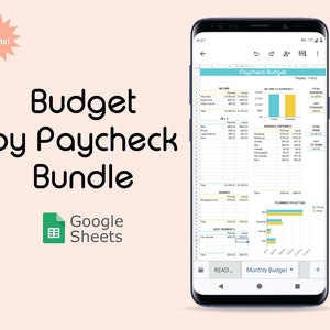 Könnte beinhalten: Ein Screenshot einer Google Sheets-Tabelle auf einem Mobiltelefon. Die Tabelle trägt den Titel "Gehaltsbudget" und enthält Abschnitte für Einkommen, Rechnungen, variable Ausgaben, Ersparnisse und Schuldenzahlungen. Die Tabelle enthält auch ein Balkendiagramm, das die geplanten Ausgaben im Vergleich zu den tatsächlichen Ausgaben zeigt.