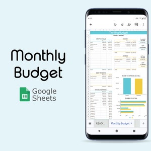 Può includere: Uno screenshot di un foglio di calcolo di Google Sheets sullo schermo di uno smartphone. Il foglio di calcolo è intitolato "Budget mensile" e include sezioni per le bollette mensili, il reddito, i risparmi, i pagamenti dei debiti, le spese variabili, il reddito rispetto alle spese e il pianificato rispetto al reale. Il foglio di calcolo è progettato per aiutare gli utenti a tenere traccia delle loro finanze.