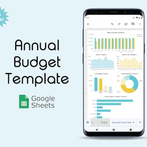 Può includere: Uno screenshot di un foglio di calcolo di Google Sheets su un telefono cellulare. Il foglio di calcolo è intitolato "Modello di budget annuale" e contiene 15 schede. Il foglio di calcolo include grafici e diagrammi che mostrano le entrate e le spese mensili, le spese annuali totali, le spese mensili medie e le spese mensili variabili medie.