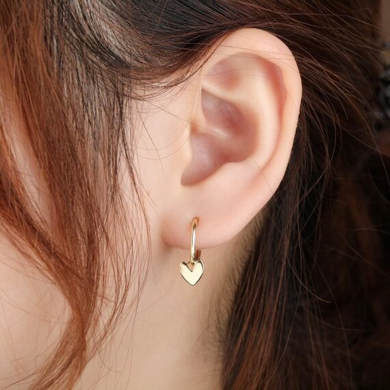 Gold Heart Dangle Hoop Earrings Sterling Silver Heart Hoops