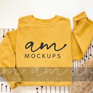 Bella & Canvas 3945 Mustard Sponge Fleece Unisex Sweatshirt Mockup Flat Lay, Spring Boho Mockup. Bella Canvas 3945 Sleeve print mockup