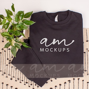 Bella & Canvas 3945 BLACK Sponge Fleece Unisex Sweatshirt Mockup Flat Lay, Spring Boho Mockup. Bella Canvas 3945 black Sleeve print mockup