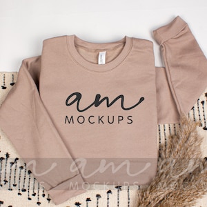 Bella & Canvas 3945 TAN Sponge Fleece Unisex Sweatshirt Mockup Flat Lay, Spring Boho Mockup. Bella Canvas 3945 Tan Sleeve print mockup