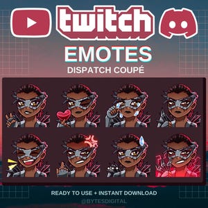 May include: A digital art graphic featuring eight Twitch emotes. Each emote depicts a character with a silver mask and spiky shoulder armor, expressing different emotions. The image includes the Twitch and Discord logos, along with the text "EMOTES" and "DISPATCH COUPÉ."