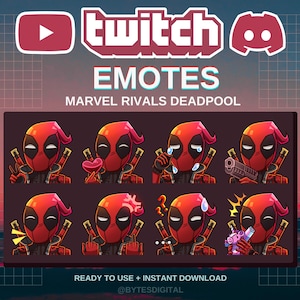 May include: A digital graphic featuring eight Deadpool emotes with various expressions. The emotes are red and black, with the Deadpool character in different poses. The image includes the Twitch and Discord logos, and the text "EMOTES MARVEL RIVALS DEADPOOL."