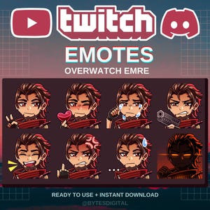 May include: Digital artwork featuring a collection of Overwatch-themed emotes for Twitch. The emotes depict a male character with various expressions, including peace signs, hearts, and anger. The image includes the Twitch and Discord logos, along with the text "EMOTES" and "OVERWATCH EMRE".