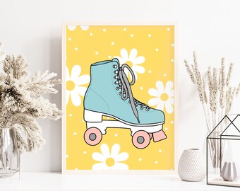 Blauwe retro rolschaats | Directe digitale download | Retrokunst | Digitale afdruk | Muurkunst | Retro-skater | Rangschikking | Bloemen | Geel