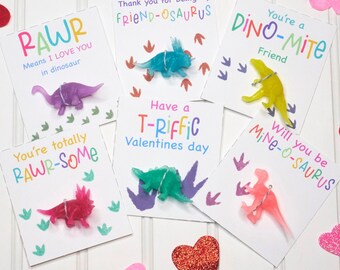 Fun Dinosaur Valentine's - 6 Different Designs - Glow In The Dark Dinosaurs - Kids School Valentines
