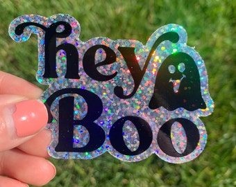 Glitter Hey Boo Sticker | Waterproof | Holo Glitter Sticker | Boo Ghost  | Glitter | Waterbottle | Sparkle Sticker | Hello Lemon Design Co.