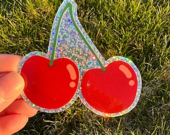 Glitter Cherries Sticker | Waterproof | Holo Glitter Sticker | Cherry | Glitter | Waterbottle | Sparkle Sticker | 3” | Hello Lemon Design Co