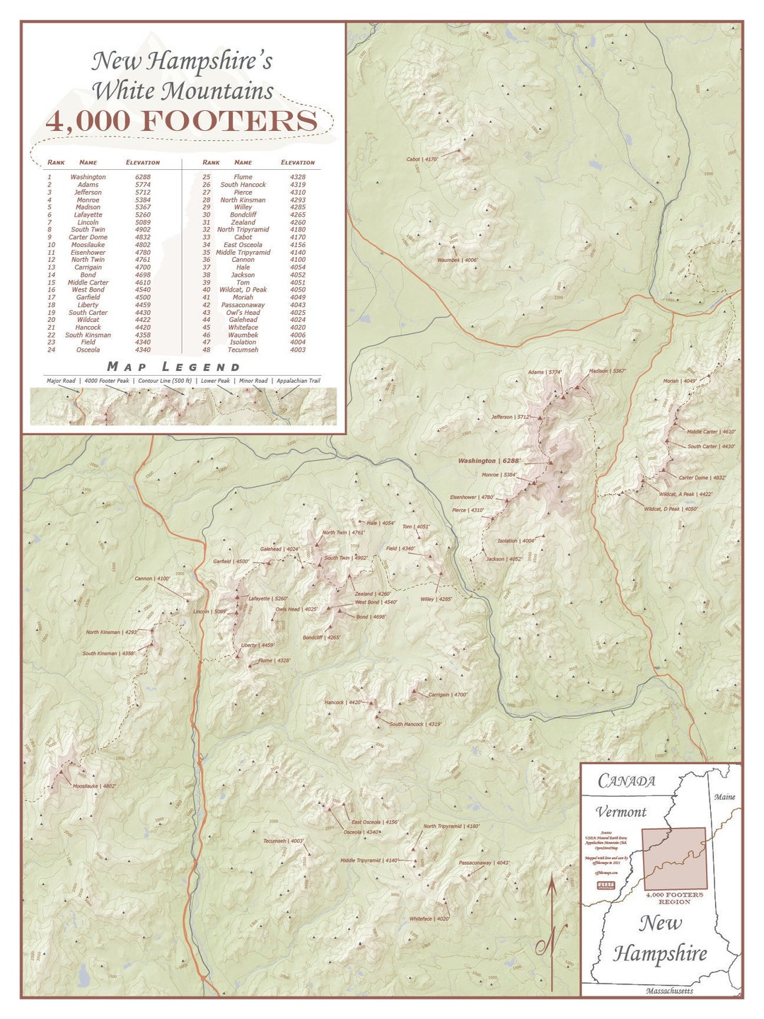 New Hampshire 4000 Footers Map Etsy Il 789j 