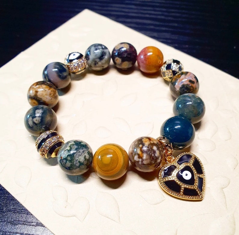 Handcrafted bracelet with beautiful Ocean Jasper 12mm stone zdjęcie 1