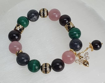 Handcrafted bracelet with Malachite, Rose Quartz, Labradorite and Red Garnet