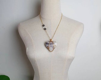 Handcrafted necklace with high quality Blue Light Moonstone, Tibetan Dzi and Faceted Clear Quartz