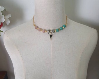 Handcrafted Choker necklace with Brazil Sakura Chalcedony(10mm), Green Pine Agate and Dalmatian Jasper (12mm)