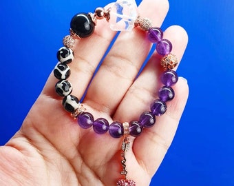Handcrafted bracelet with Amethyst(8mm), Tibetan Football Agate, Rainbow Obsidian and Clear Quartz