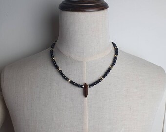 Handcrafted men / unisex necklace with Silver Sheen Obsidian (16mm) and Yellow Tiger Eye pendant